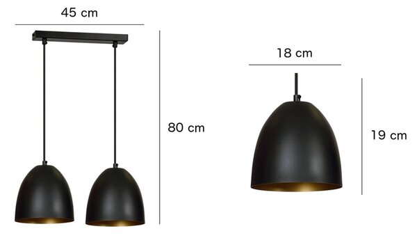 Lampadario 2 Luci Vigore In Acciaio Nero Con Cupole In Nero E Oro