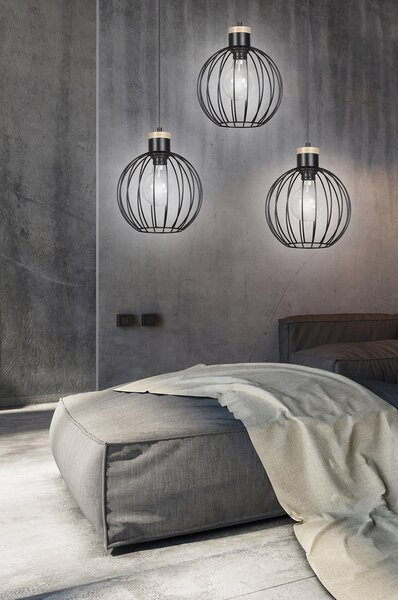 Lampadario 3 Luci Bueno Paralumi A Gabbia In Acciaio Nero E Legno Naturale