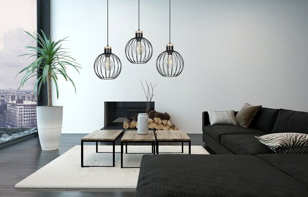 Lampadario 3 Luci Bueno Paralumi A Gabbia In Acciaio Nero E Legno Naturale