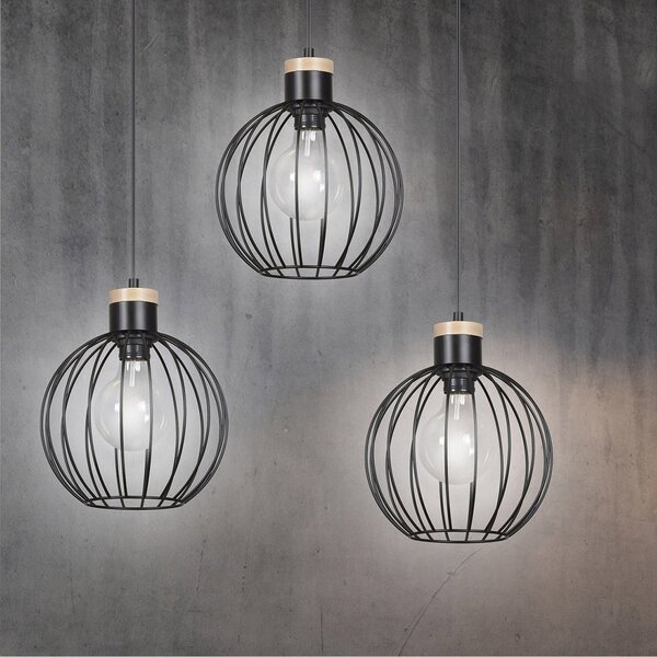 Lampadario 3 Luci Bueno Paralumi A Gabbia In Acciaio Nero E Legno Naturale