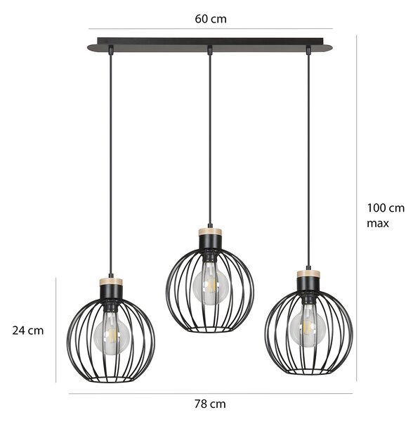 Lampadario 3 Luci Bueno Paralumi A Gabbia In Acciaio Nero E Legno Naturale