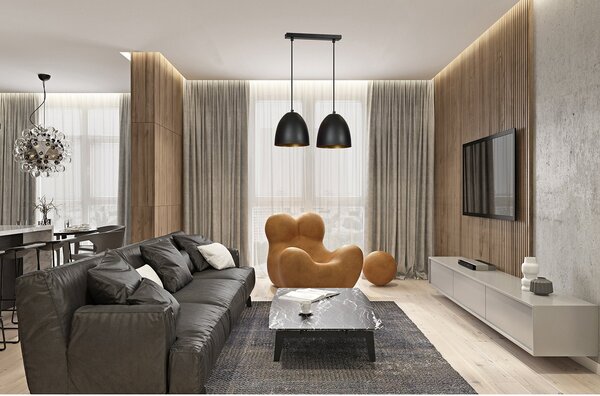 Lampadario 2 Luci Vigore In Acciaio Nero Con Cupole In Nero E Oro