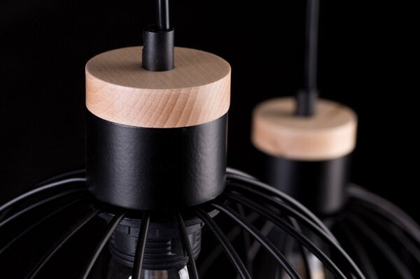 Lampadario 3 Luci Bueno Paralumi A Gabbia In Acciaio Nero E Legno Naturale