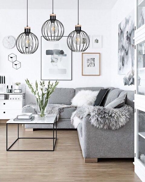 Lampadario 3 Luci Bueno Paralumi A Gabbia In Acciaio Nero E Legno Naturale