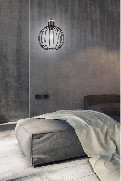 Sospensione 1 Luce Bueno Paralume A Gabbia In Acciaio Nero E Legno Naturale