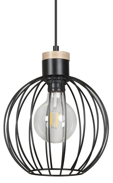 Sospensione 1 Luce Bueno Paralume A Gabbia In Acciaio Nero E Legno Naturale