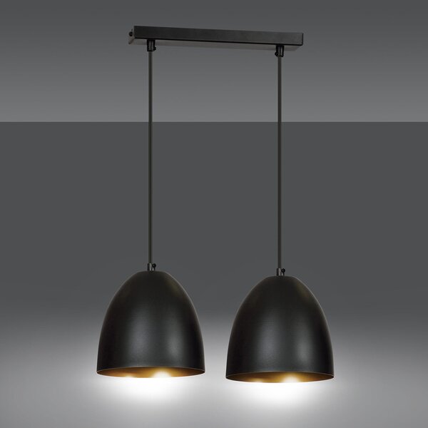 Lampadario 2 Luci Vigore In Acciaio Nero Con Cupole In Nero E Oro