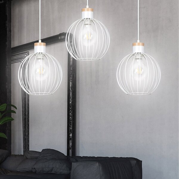 Lampadario 3 Luci Bueno Paralumi A Gabbia In Acciaio Bianco E Legno Naturale