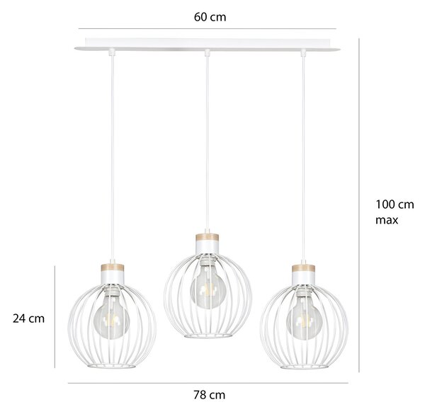 Lampadario 3 Luci Bueno Paralumi A Gabbia In Acciaio Bianco E Legno Naturale