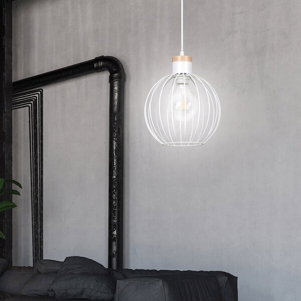 Sospensione 1 Luce Bueno Paralume A Gabbia In Acciaio Bianco E Legno Naturale