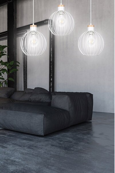 Lampadario 3 Luci Bueno Paralumi A Gabbia In Acciaio Bianco E Legno Naturale