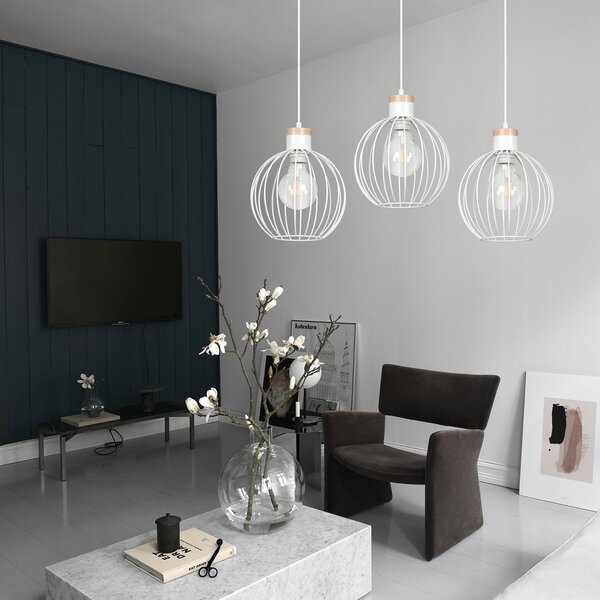 Lampadario 3 Luci Bueno Paralumi A Gabbia In Acciaio Bianco E Legno Naturale
