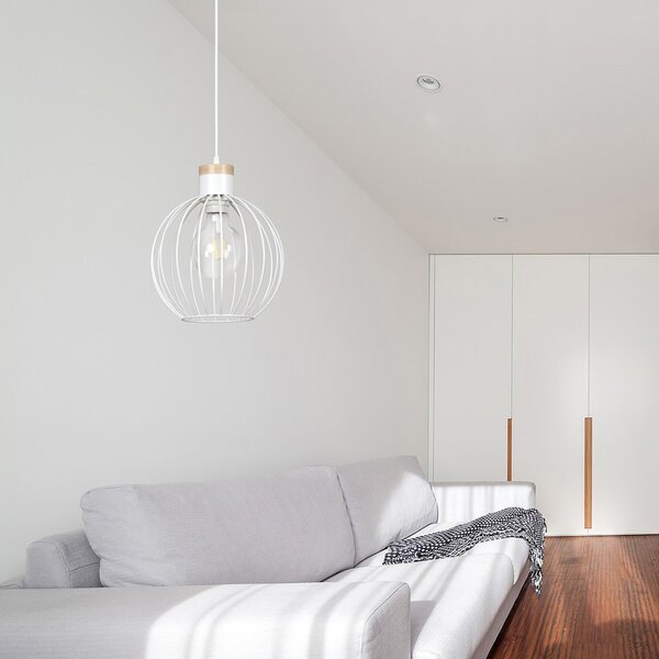 Sospensione 1 Luce Bueno Paralume A Gabbia In Acciaio Bianco E Legno Naturale
