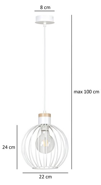 Sospensione 1 Luce Bueno Paralume A Gabbia In Acciaio Bianco E Legno Naturale