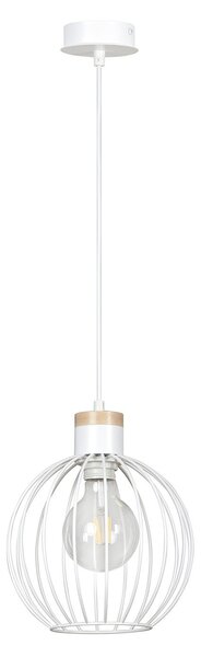 Sospensione 1 Luce Bueno Paralume A Gabbia In Acciaio Bianco E Legno Naturale