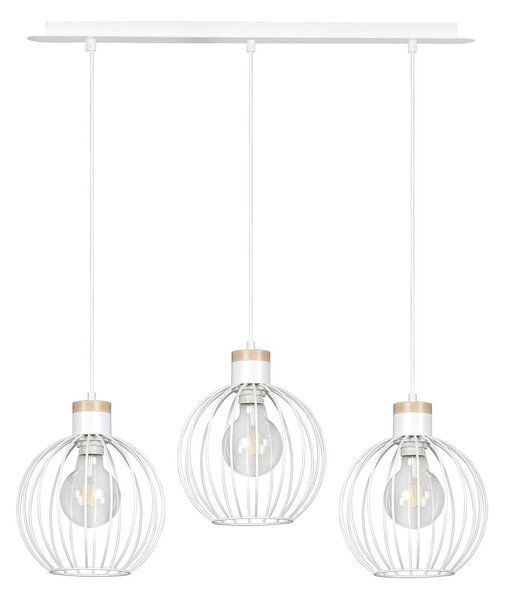 Lampadario 3 Luci Bueno Paralumi A Gabbia In Acciaio Bianco E Legno Naturale