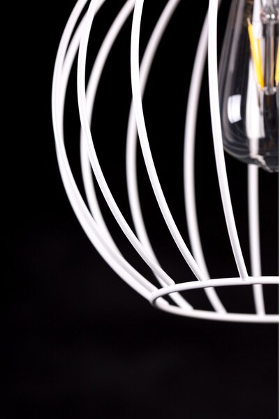 Sospensione 1 Luce Bueno Paralume A Gabbia In Acciaio Bianco E Legno Naturale