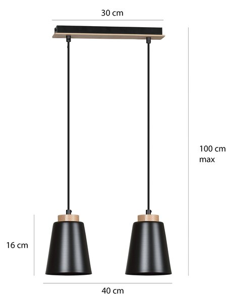Lampadario 2 Luci Du Lac Con Paralumi A Cono In Acciaio Nero E Legno Naturale