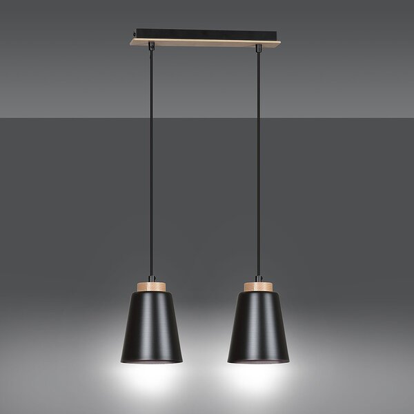Lampadario 2 Luci Du Lac Con Paralumi A Cono In Acciaio Nero E Legno Naturale