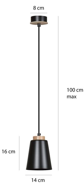 Sospensione 1 Luce Du Lac A Cono In Acciaio Nero E Legno Naturale
