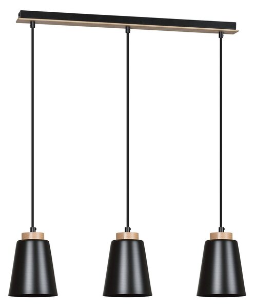 Lampadario 3 Luci Du Lac Con Paralumi A Cono In Acciaio Nero E Legno Naturale