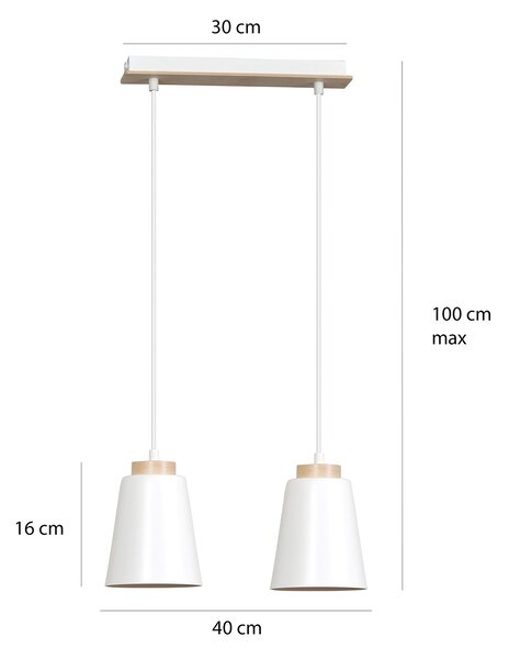 Lampadario 2 Luci Du Lac Con Paralumi A Cono In Acciaio Bianco E Legno Naturale