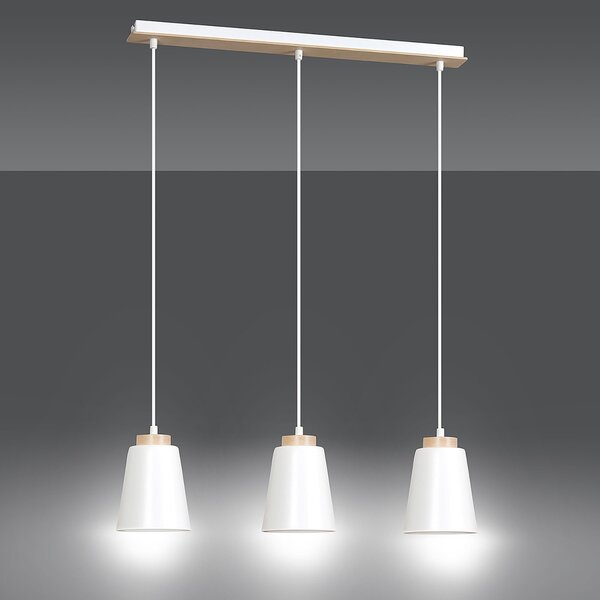 Lampadario 3 Luci Du Lac Con Paralumi A Cono In Acciaio Bianco E Legno Naturale