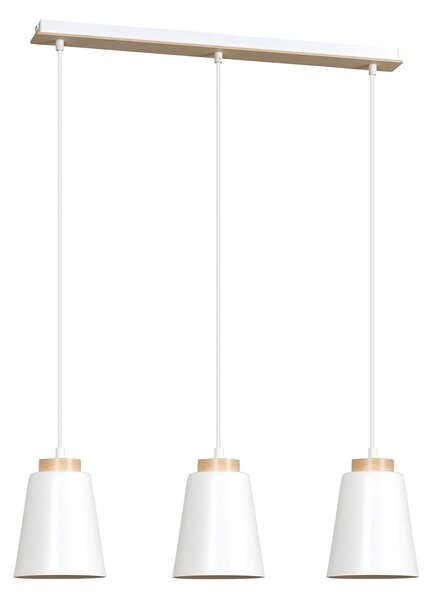 Lampadario 3 Luci Du Lac Con Paralumi A Cono In Acciaio Bianco E Legno Naturale
