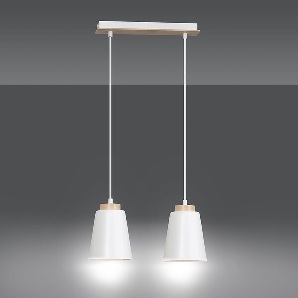 Lampadario 2 Luci Du Lac Con Paralumi A Cono In Acciaio Bianco E Legno Naturale