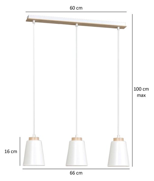 Lampadario 3 Luci Du Lac Con Paralumi A Cono In Acciaio Bianco E Legno Naturale