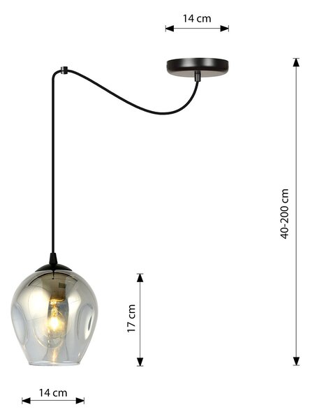 Sospensione 1 Luce Galvano In Acciaio Nero E Vetro Fumè Con Cavi Lunghi