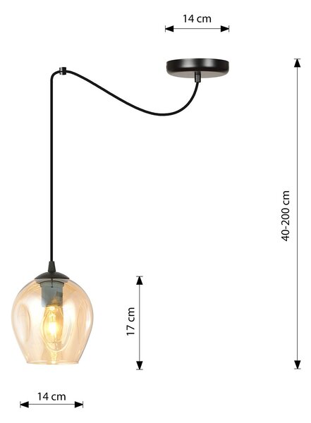 Sospensione 1 Luce Galvano In Acciaio Nero E Vetro Ambra Con Cavi Lunghi