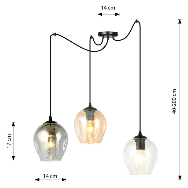 Sospensione 3 Luci Galvano In Acciaio Nero E Vetro Multicolor Con Cavi Lunghi