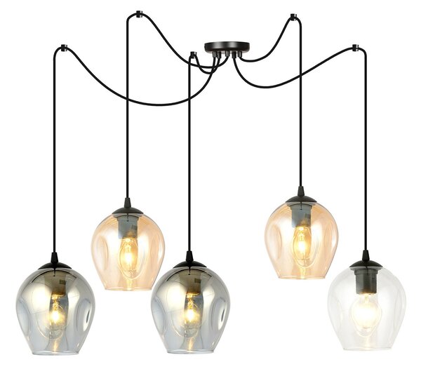 Sospensione 5 Luci Galvano In Acciaio Nero E Vetro Multicolor Con Cavi Lunghi