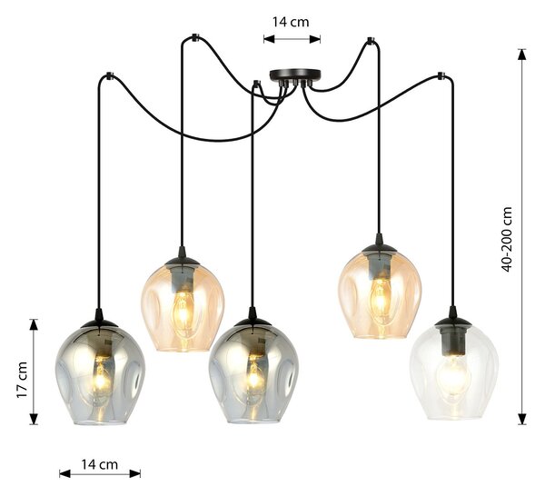 Sospensione 5 Luci Galvano In Acciaio Nero E Vetro Multicolor Con Cavi Lunghi