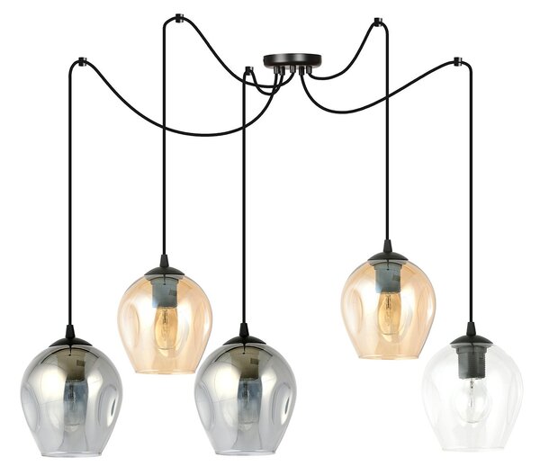 Sospensione 5 Luci Galvano In Acciaio Nero E Vetro Multicolor Con Cavi Lunghi
