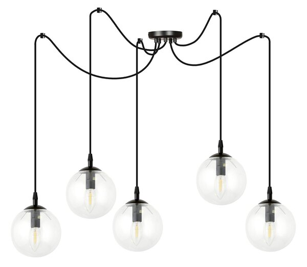 Lampadario 5 Luci Fata In Acciaio Nero Con Cavo Lungo E Vetri Trasparente