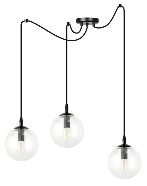Lampadario 3 Luci Fata In Acciaio Nero Con Cavo Lungo E Vetri Trasparente