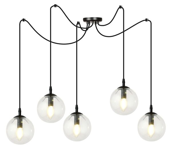 Lampadario 5 Luci Fata In Acciaio Nero Con Cavo Lungo E Vetri Trasparente