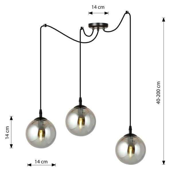 Lampadario 3 Luci Fata In Acciaio Nero Con Cavo Lungo E Vetri Fumè
