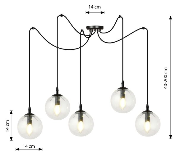 Lampadario 5 Luci Fata In Acciaio Nero Con Cavo Lungo E Vetri Trasparente