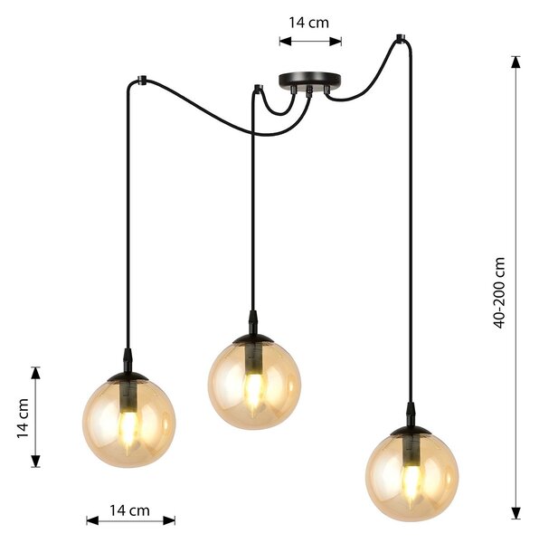 Lampadario 3 Luci Fata In Acciaio Nero Con Cavo Lungo E Vetri Ambra