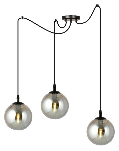 Lampadario 3 Luci Fata In Acciaio Nero Con Cavo Lungo E Vetri Fumè