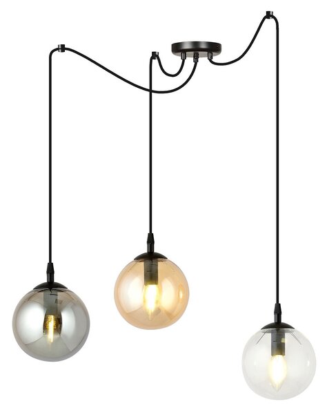 Lampadario 3 Luci Fata In Acciaio Nero Con Cavo Lungo E Vetri Multicolor