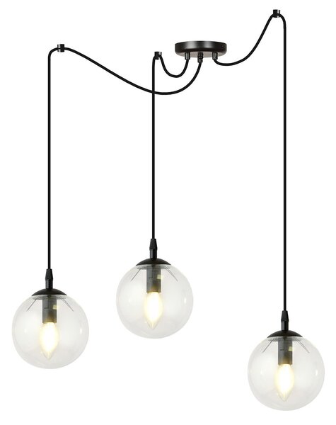Lampadario 3 Luci Fata In Acciaio Nero Con Cavo Lungo E Vetri Trasparente