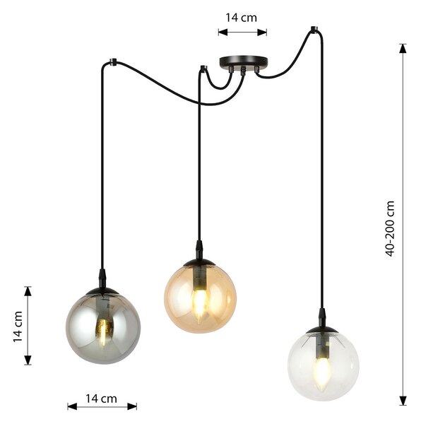 Lampadario 3 Luci Fata In Acciaio Nero Con Cavo Lungo E Vetri Multicolor