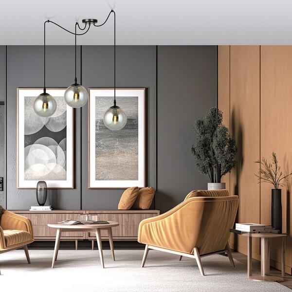 Lampadario 3 Luci Fata In Acciaio Nero Con Cavo Lungo E Vetri Fumè