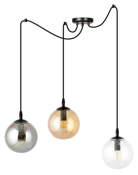 Lampadario 3 Luci Fata In Acciaio Nero Con Cavo Lungo E Vetri Multicolor