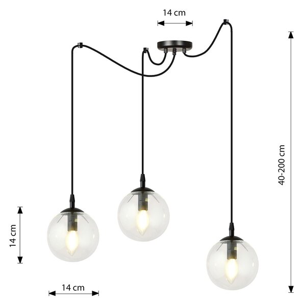 Lampadario 3 Luci Fata In Acciaio Nero Con Cavo Lungo E Vetri Trasparente