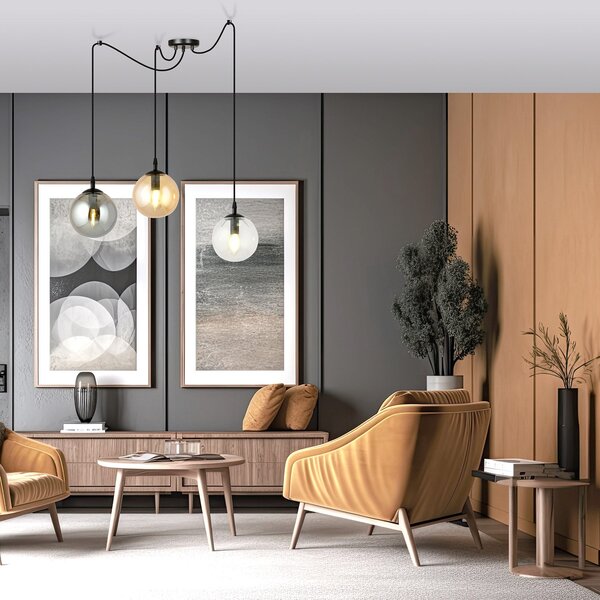 Lampadario 3 Luci Fata In Acciaio Nero Con Cavo Lungo E Vetri Multicolor